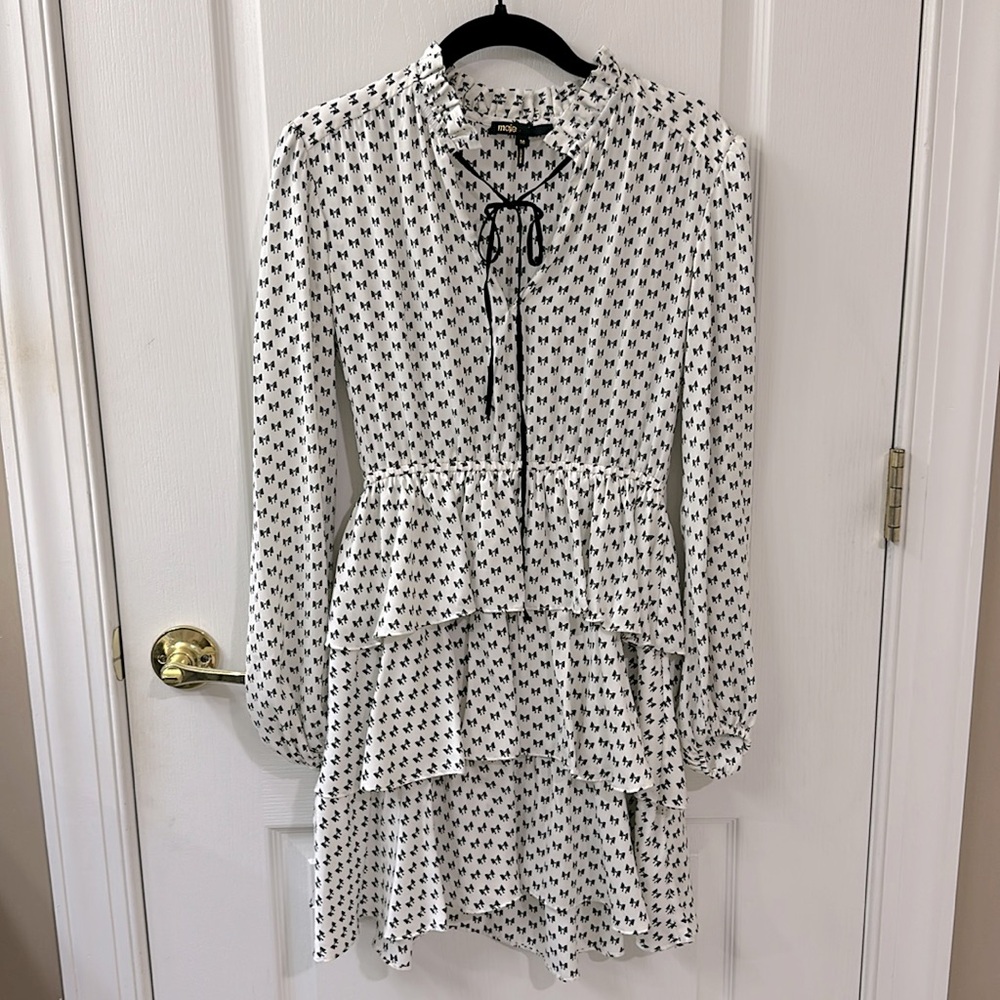 MAJE little bow pattern midi dress black and white color. One time used size36/S